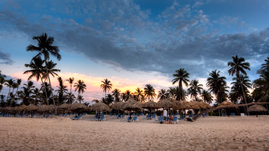 Palmeras y sombrillas de paja en Playa Bávaro, al caer la tarde.