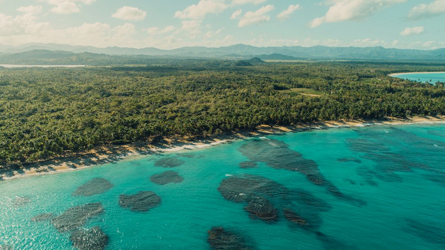 La costa de Miches desde el aire: monte hasta la orilla, arrecifes en el agua turquesa y sierras al fondo.